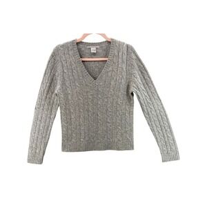 Evelyn Grace Cashmere Sweater Women L Gray V-Neck Cable Knit Pullover‎ Old Money